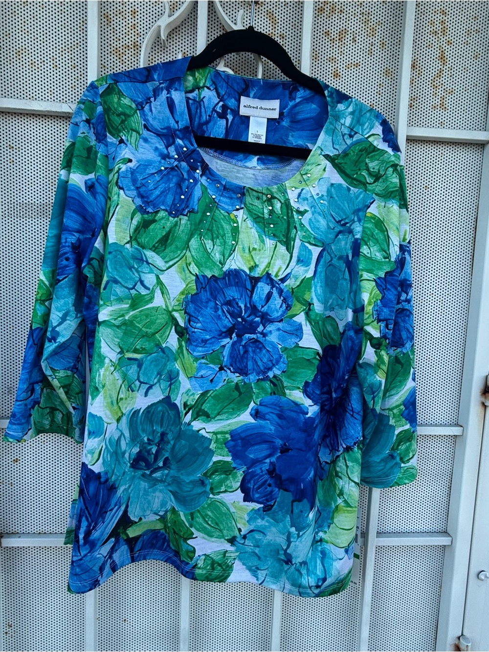 Alfred Dunner  L Blue & Green Floral Scoop Neck Top 3/4 sleeves NWT